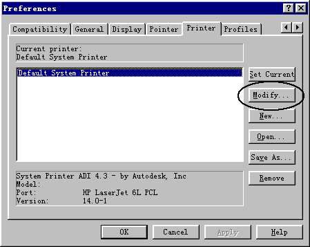 Preferences對話框Printer選項卡