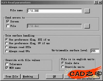 輸入IGES格式文件對話框